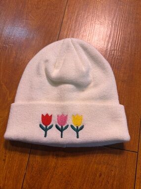 Soft White Beanie with Embroidered Tulips